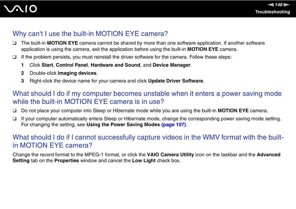 Why can't i use the built-in motion eye camera | Sony VGN-CR100 User Manual | Page 148 / 194
