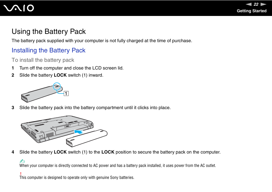 Using the battery pack, Installing the battery pack | Sony VGN-CR100 User Manual | Page 22 / 194