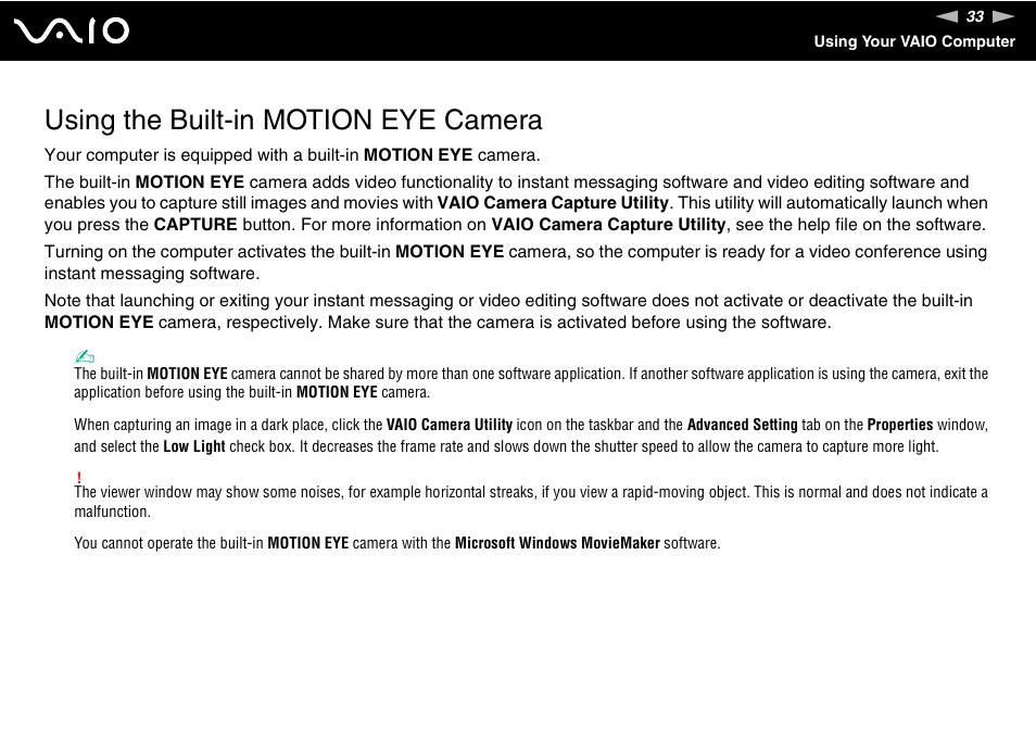 Using the built-in motion eye camera | Sony VGN-CR100 User Manual | Page 33 / 194