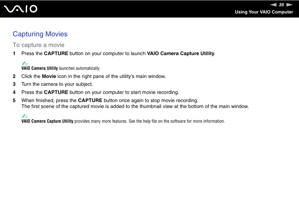 Capturing movies | Sony VGN-CR100 User Manual | Page 35 / 194