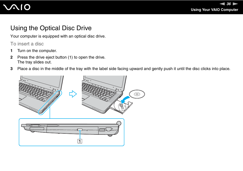Using the optical disc drive | Sony VGN-CR100 User Manual | Page 36 / 194