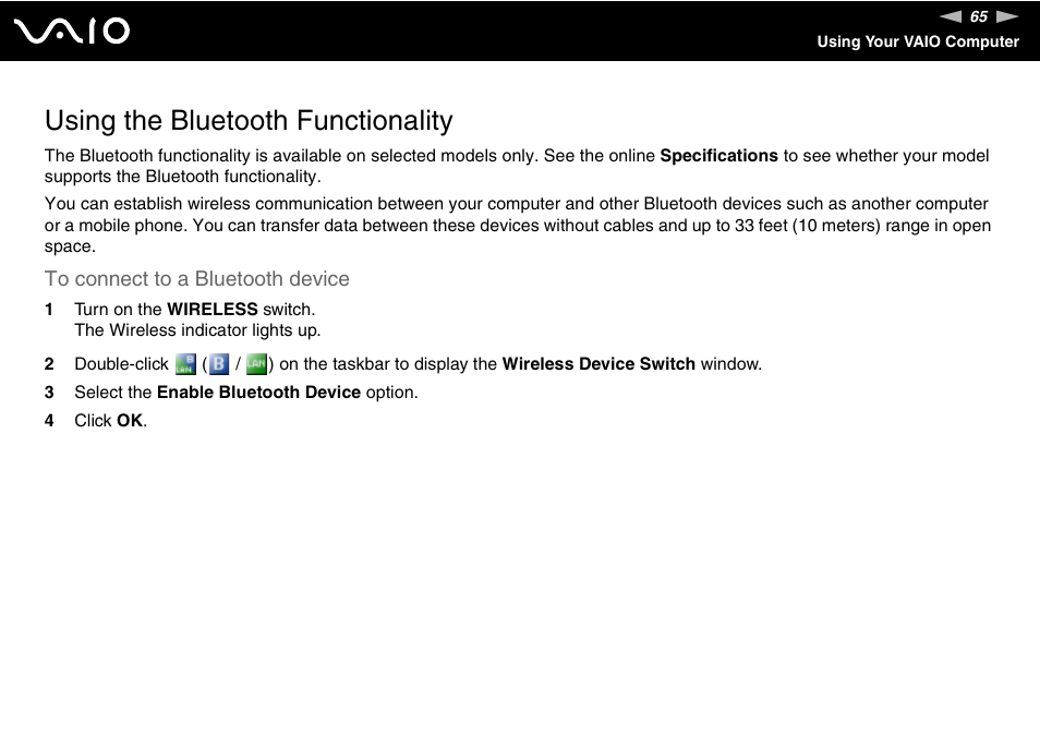 Using the bluetooth functionality | Sony VGN-CR100 User Manual | Page 65 / 194