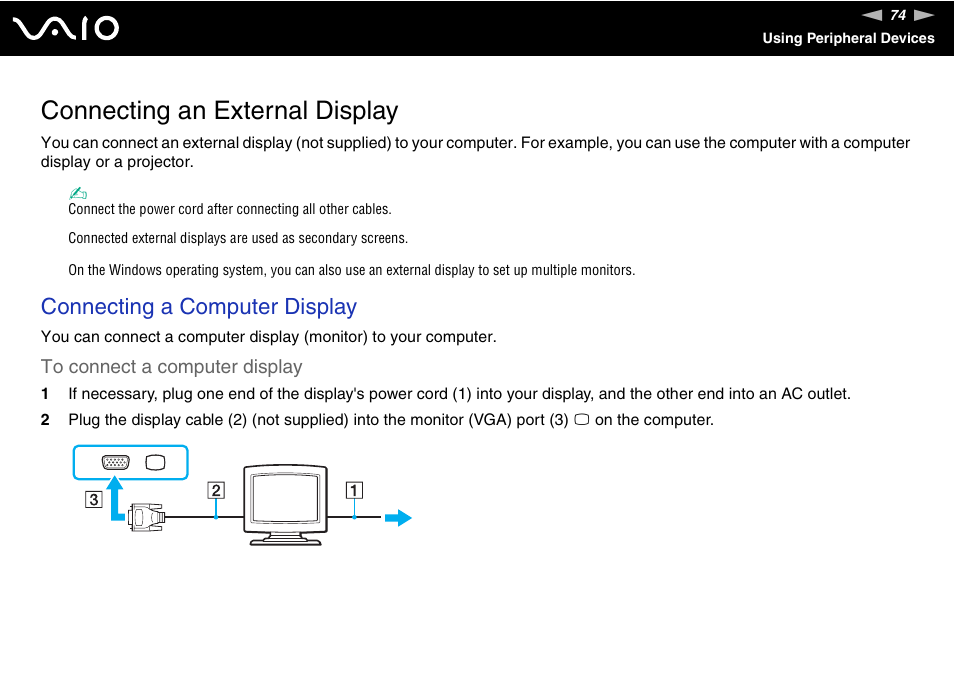 Connecting an external display, Connecting a computer display | Sony VGN-CR100 User Manual | Page 74 / 194