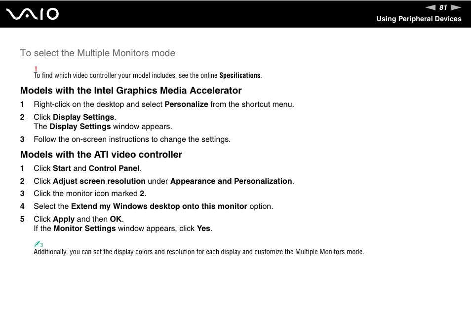 Models with the intel graphics media accelerator, Models with the ati video controller | Sony VGN-CR100 User Manual | Page 81 / 194