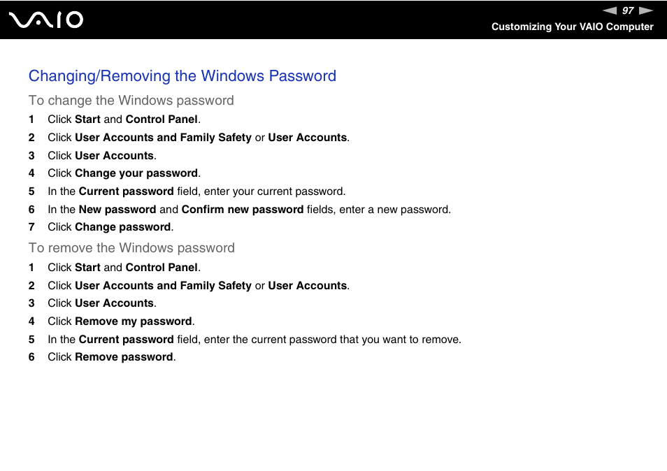 Changing/removing the windows password | Sony VGN-CR100 User Manual | Page 97 / 194