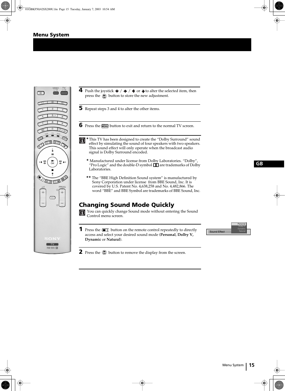 Changing sound mode quickly, 15 gb menu system | Sony Grand Wega KF-50SX200U User Manual | Page 15 / 39