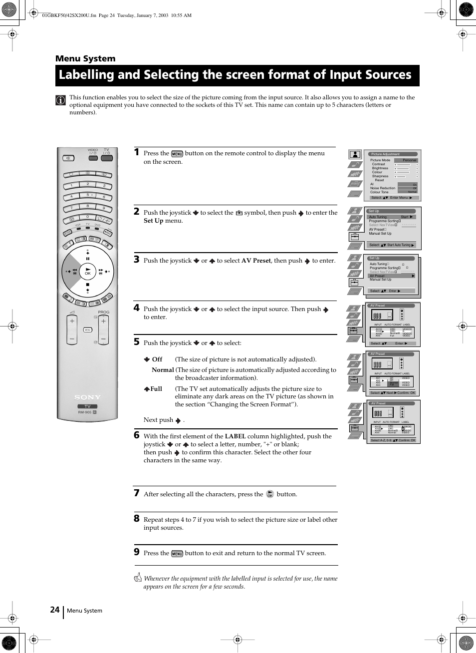 Menu system | Sony Grand Wega KF-50SX200U User Manual | Page 24 / 39