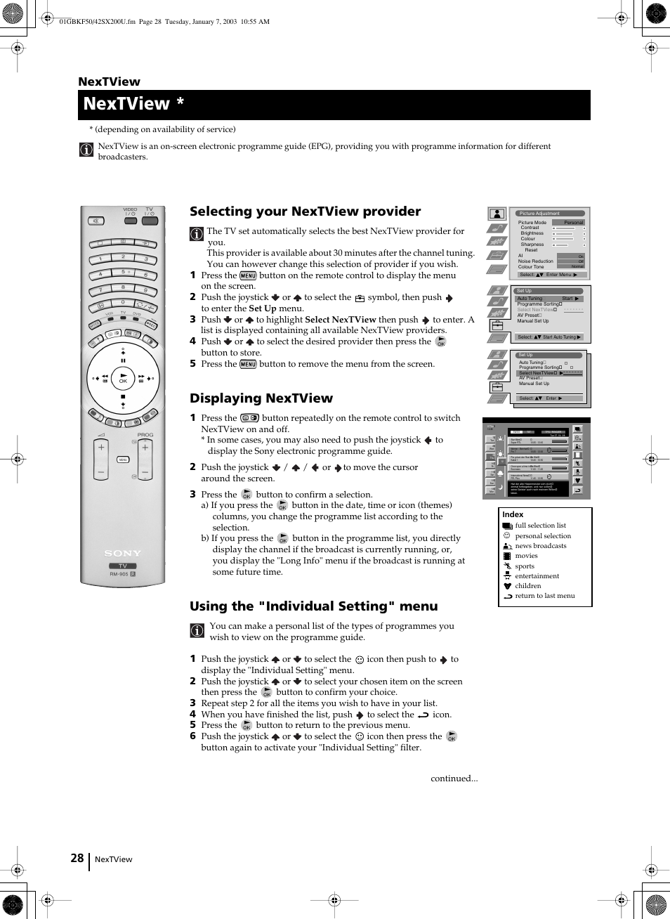 Selecting your nextview provider, Displaying nextview, Using the "individual setting" menu | Nextview | Sony Grand Wega KF-50SX200U User Manual | Page 28 / 39