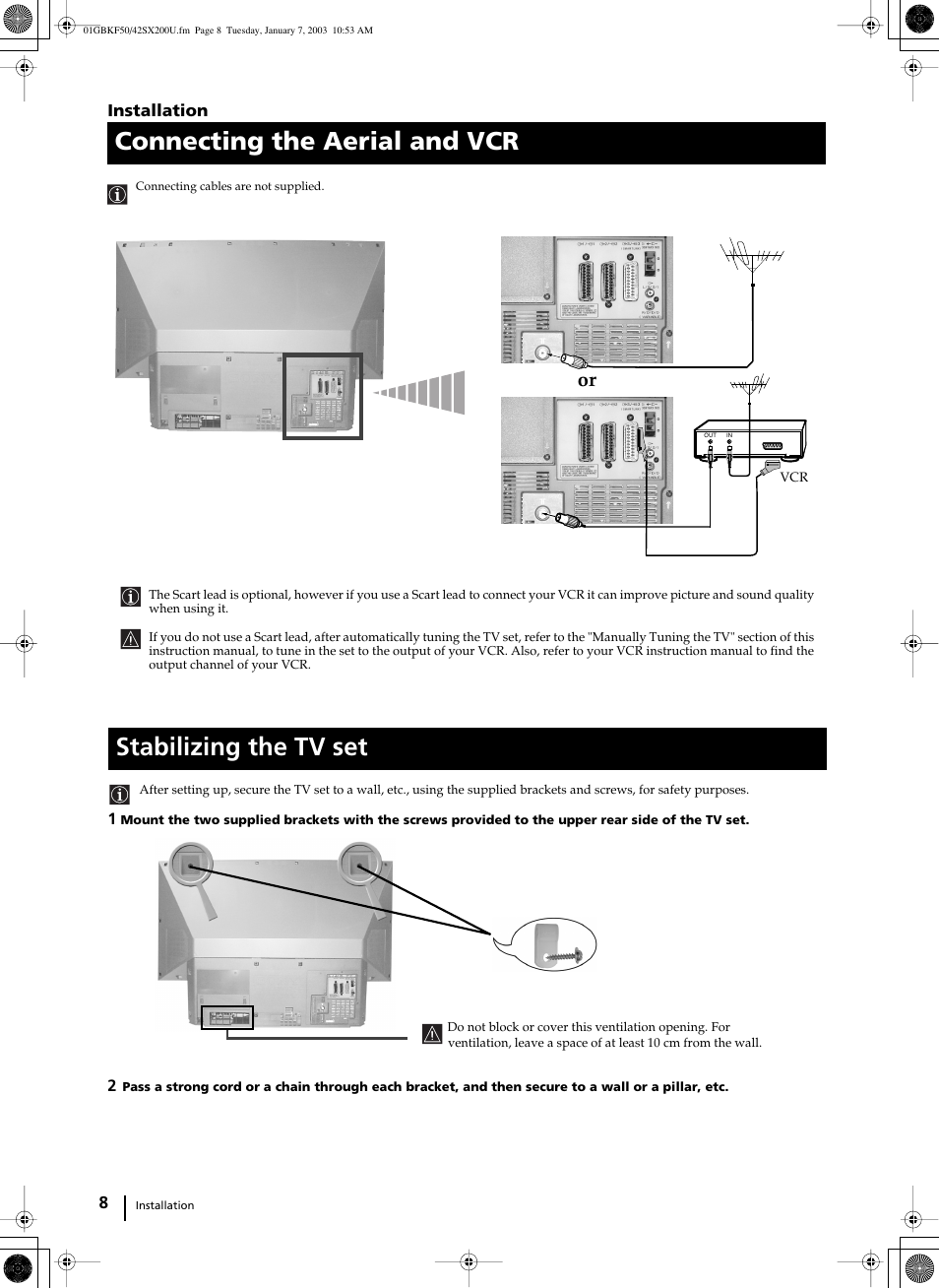 Connecting the aerial and vcr, Stabilizing the tv set the set | Sony Grand Wega KF-50SX200U User Manual | Page 8 / 39
