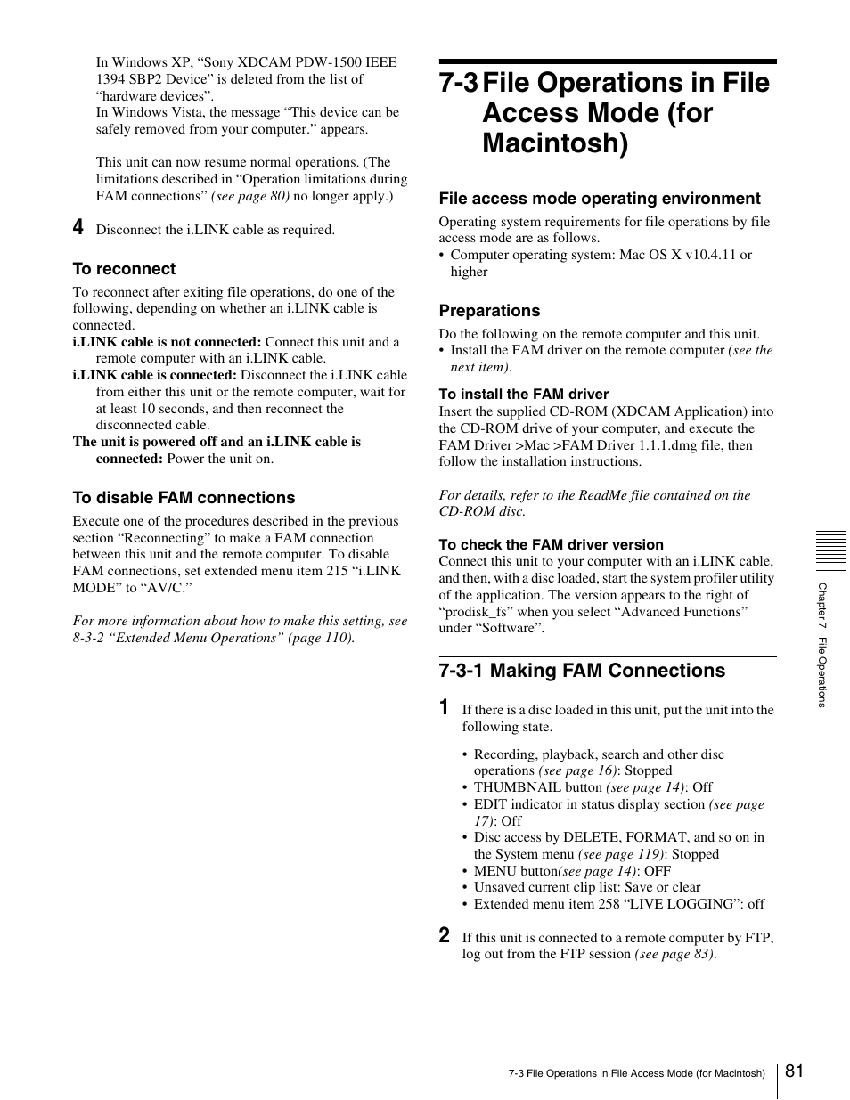 3-1 making fam connections, 3 file operations in file access mode (for, Macintosh) 7-3-1 making fam connections | Sony XDCAM PDW-1500 User Manual | Page 81 / 142