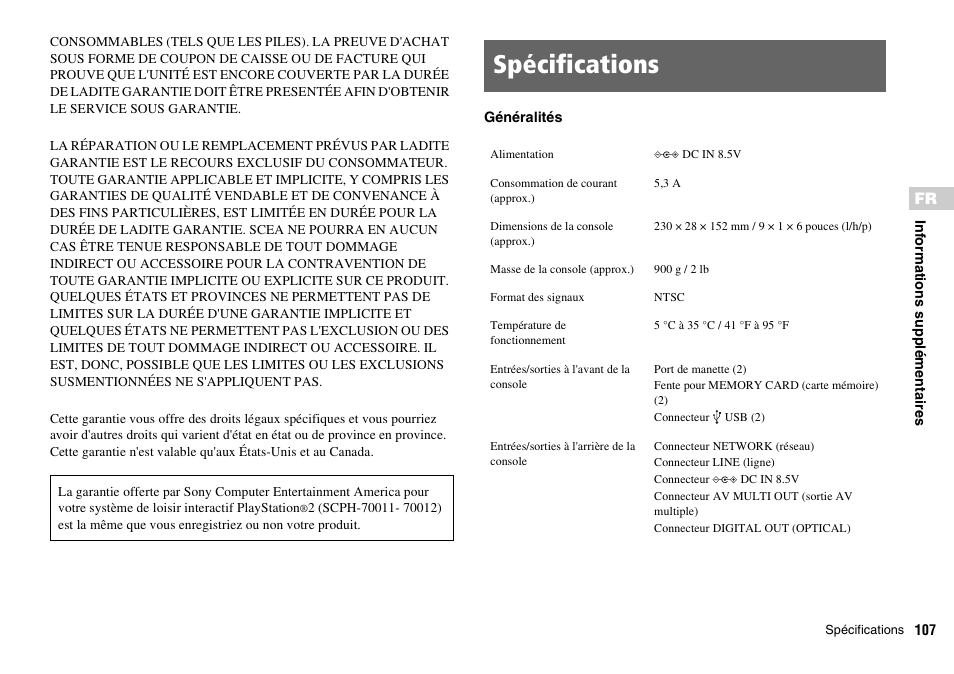 Spécifications | Sony SCPH-70011 User Manual | Page 107 / 172