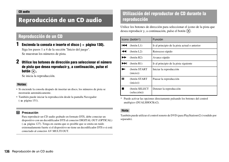 Cd audio, Reproducción de un cd audio | Sony SCPH-70011 User Manual | Page 136 / 172