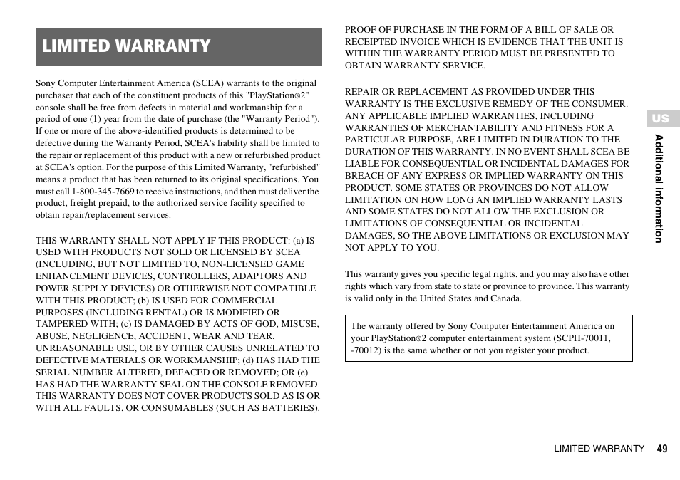 Limited warranty | Sony SCPH-70011 User Manual | Page 49 / 172