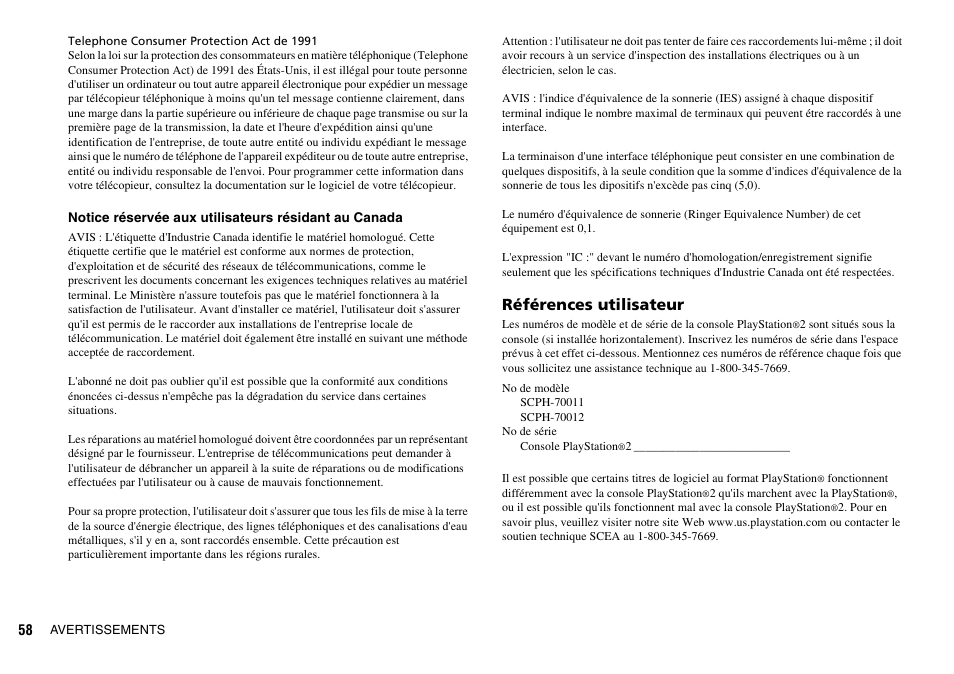 Références utilisateur | Sony SCPH-70011 User Manual | Page 58 / 172