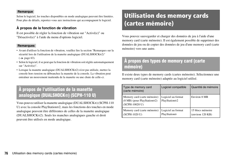 Utilisation des memory cards (cartes mémoire), Scph-110 u) | Sony SCPH-70011 User Manual | Page 76 / 172