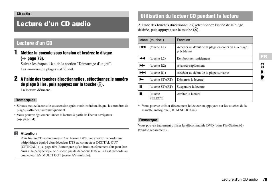 Cd audio, Lecture d'un cd audio | Sony SCPH-70011 User Manual | Page 79 / 172