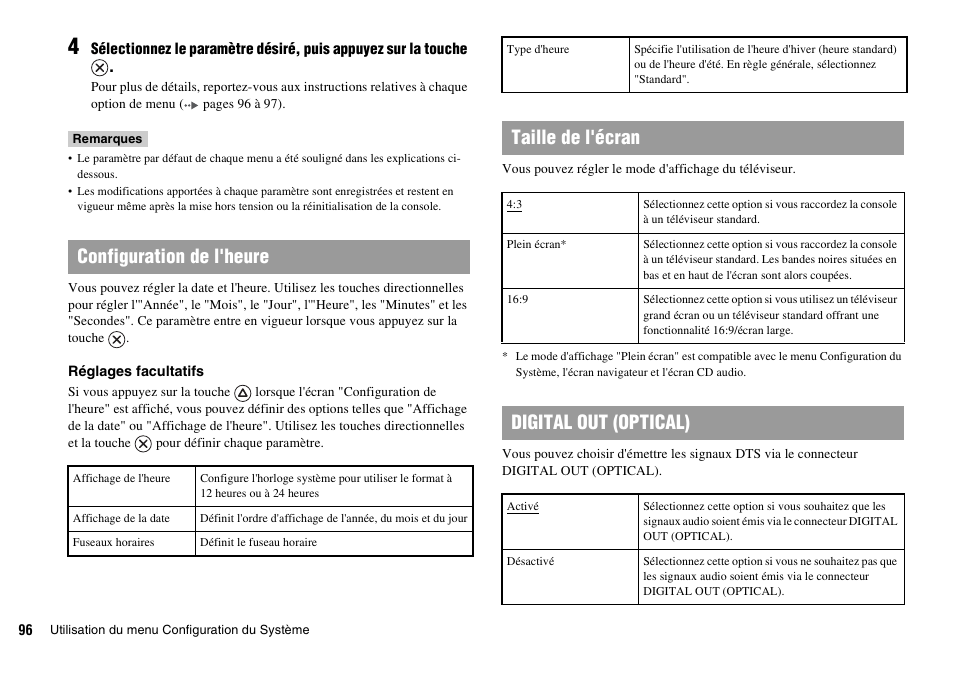 Configuration de l'heure, Taille de l'écran, Digital out (optical) | Sony SCPH-70011 User Manual | Page 96 / 172