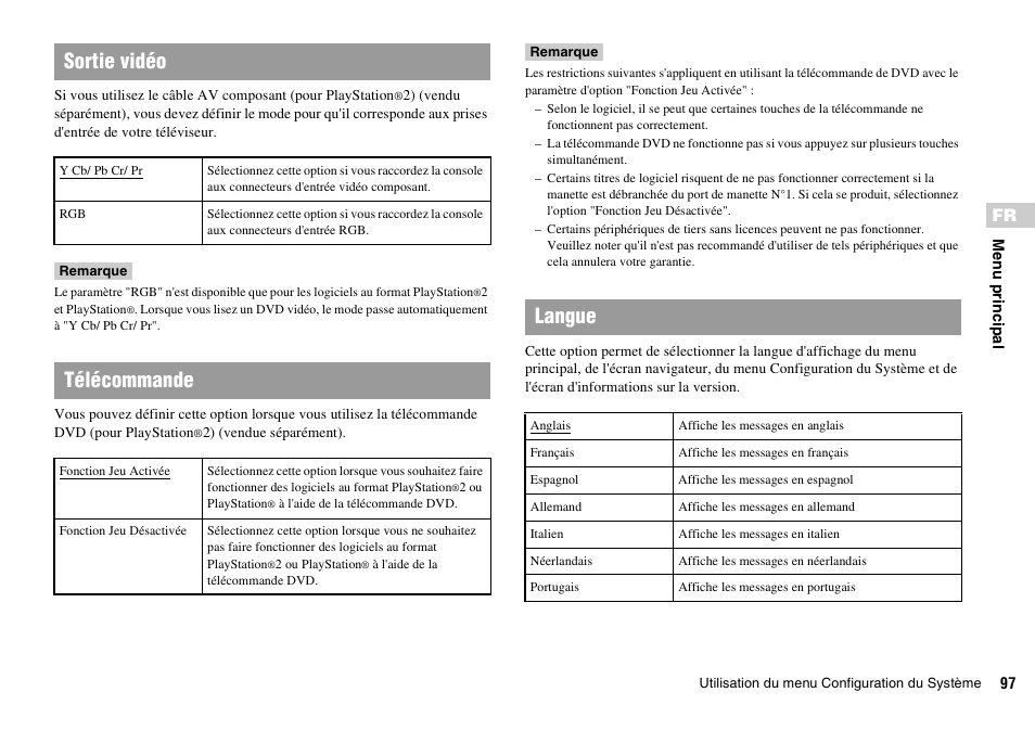 Sortie vidéo, Télécommande, Langue | Sony SCPH-70011 User Manual | Page 97 / 172