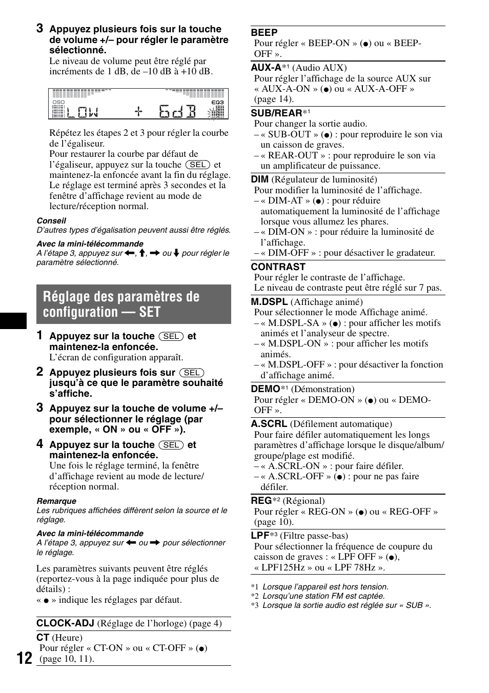 Réglage des paramètres de configuration - set, Réglage des paramètres de configuration, Réglage des paramètres de configuration — set | Sony CDX-R450 User Manual | Page 50 / 100