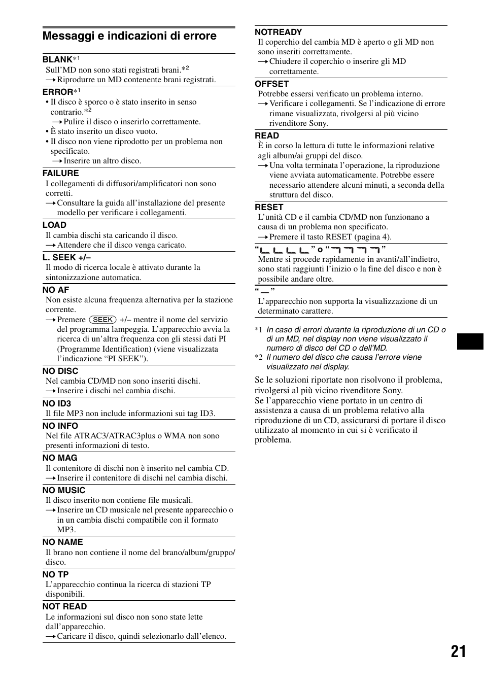 Messaggi e indicazioni di errore | Sony CDX-R450 User Manual | Page 79 / 100