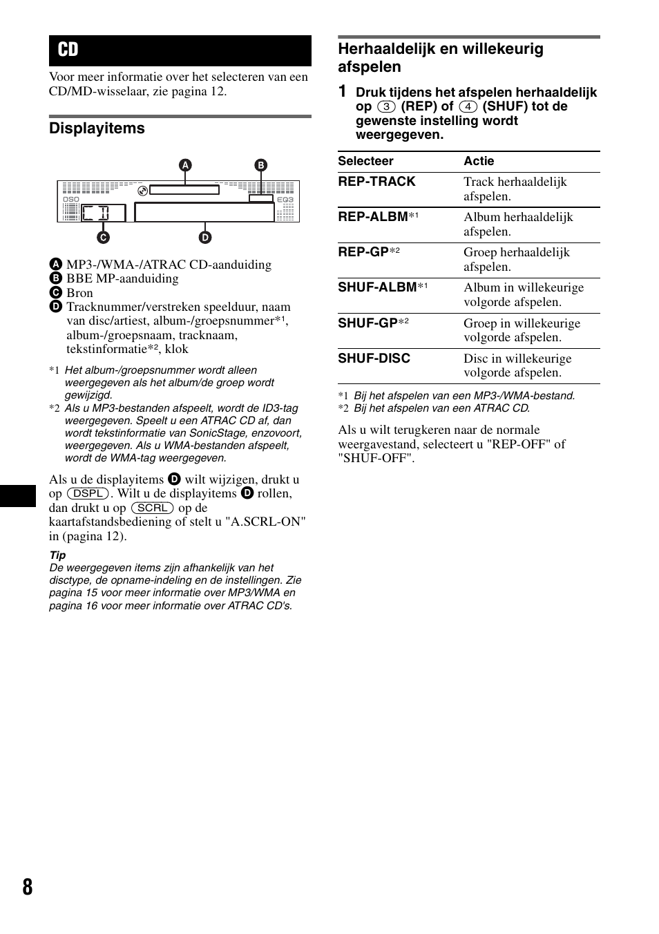 Displayitems, Herhaaldelijk en willekeurig afspelen, Displayitems herhaaldelijk en willekeurig afspelen | Ep 8 | Sony CDX-R450 User Manual | Page 86 / 100