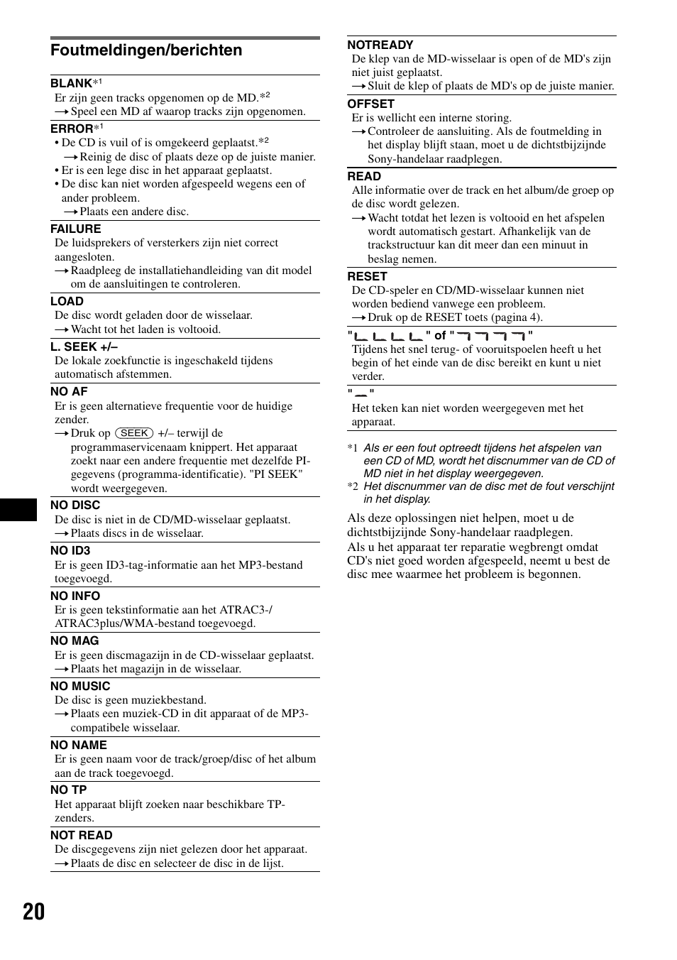 Foutmeldingen/berichten | Sony CDX-R450 User Manual | Page 98 / 100