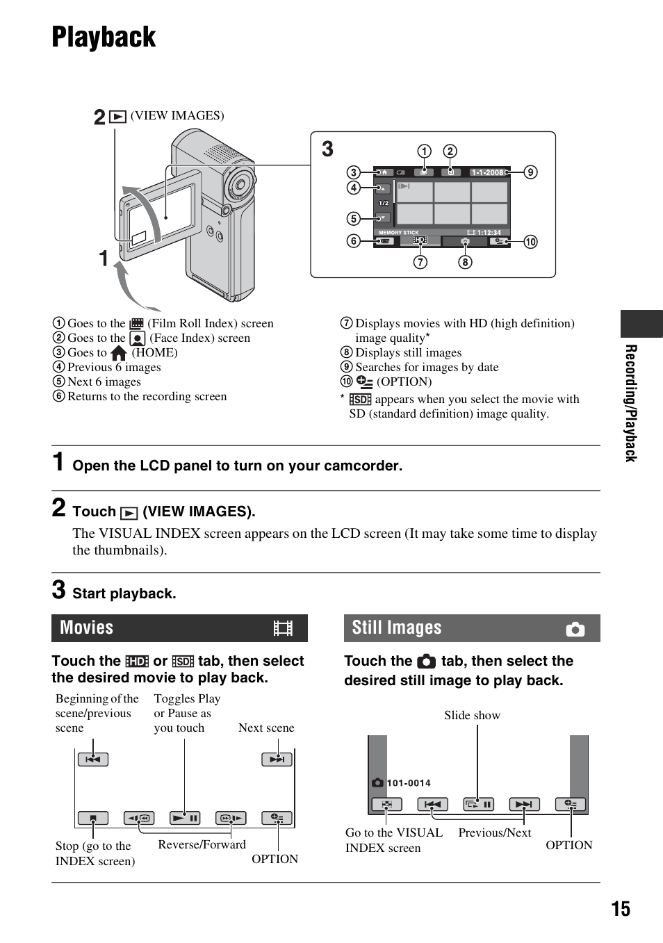 Playback, Movies, Still images | Sony 3-288-523-13(1) User Manual | Page 15 / 36