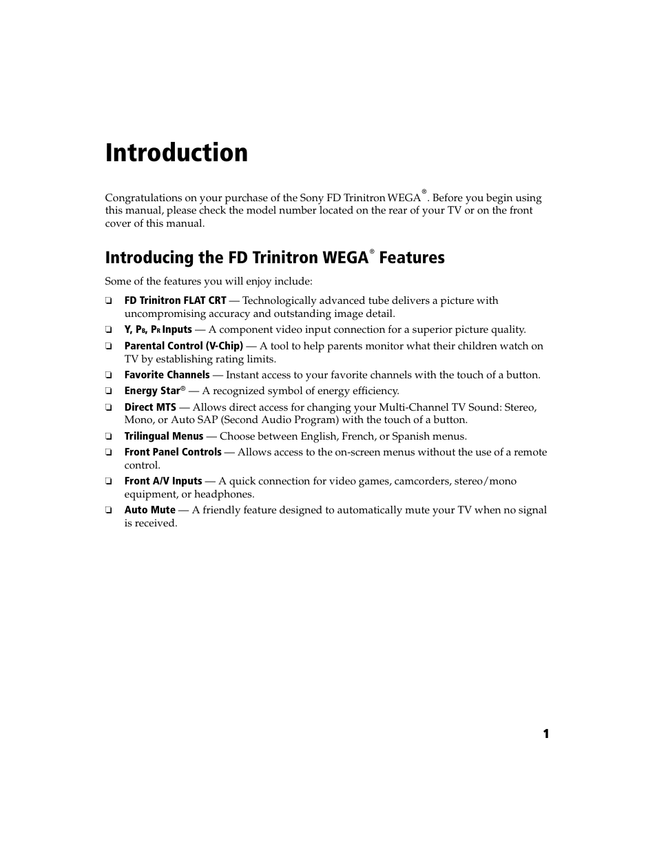 Introduction, Introducing the fd trinitron wega features | Sony WEGA KV-13FS100 User Manual | Page 13 / 48