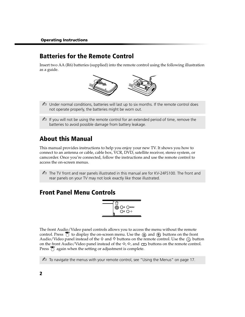 Batteries for the remote control, About this manual, Front panel menu controls | Sony WEGA KV-13FS100 User Manual | Page 14 / 48
