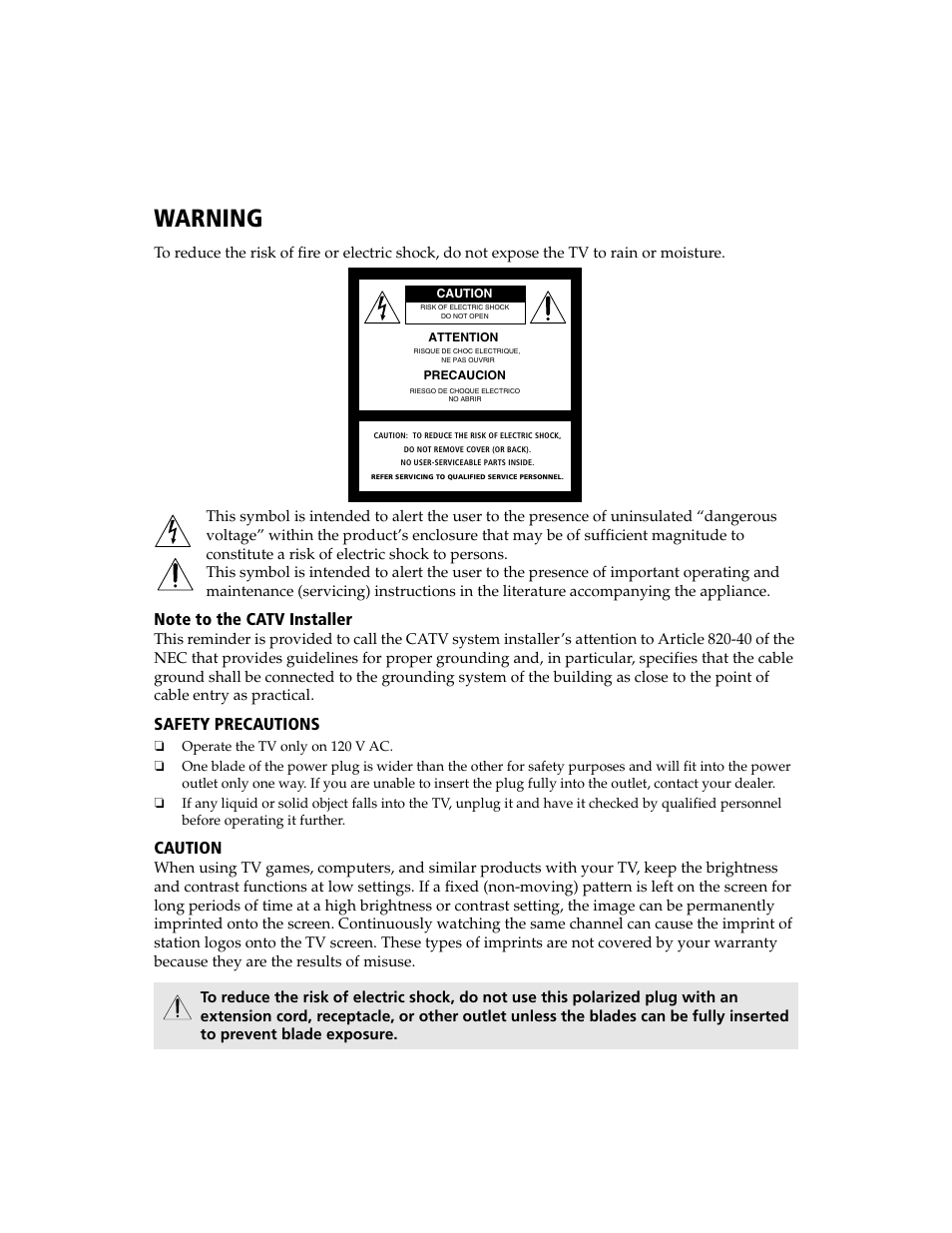 Warning, Safety precautions, Caution | Sony WEGA KV-13FS100 User Manual | Page 3 / 48