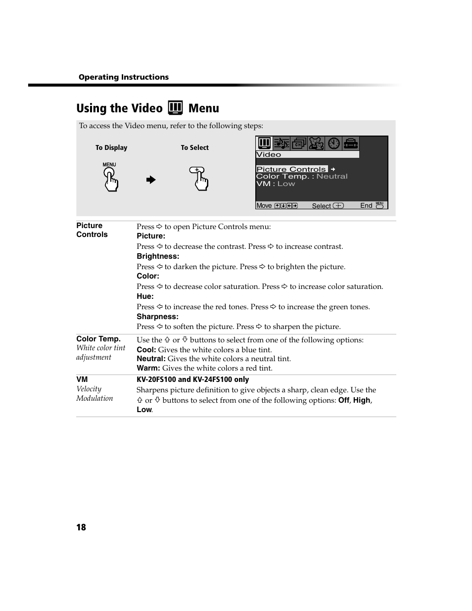 Using the video menu | Sony WEGA KV-13FS100 User Manual | Page 30 / 48