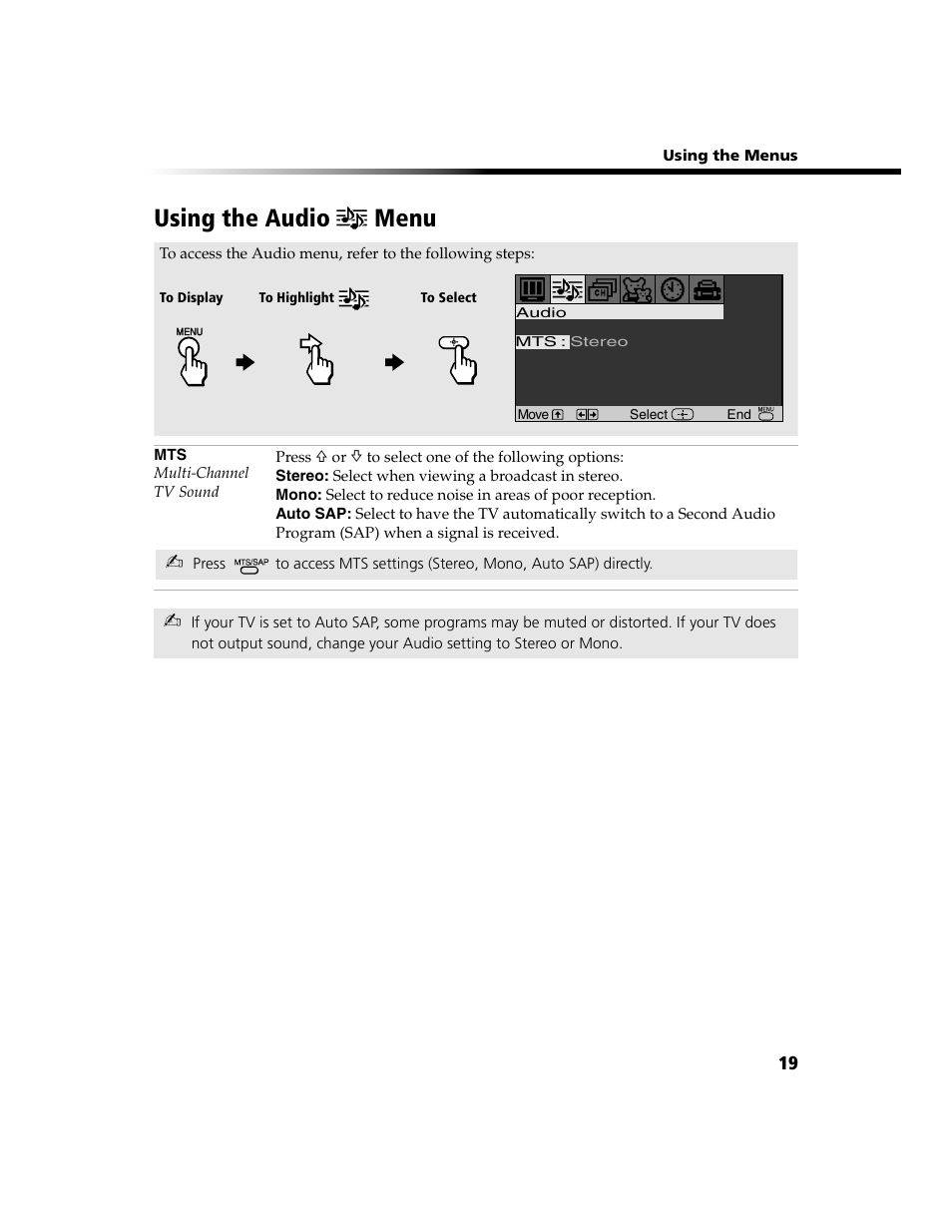 Using the audio menu | Sony WEGA KV-13FS100 User Manual | Page 31 / 48