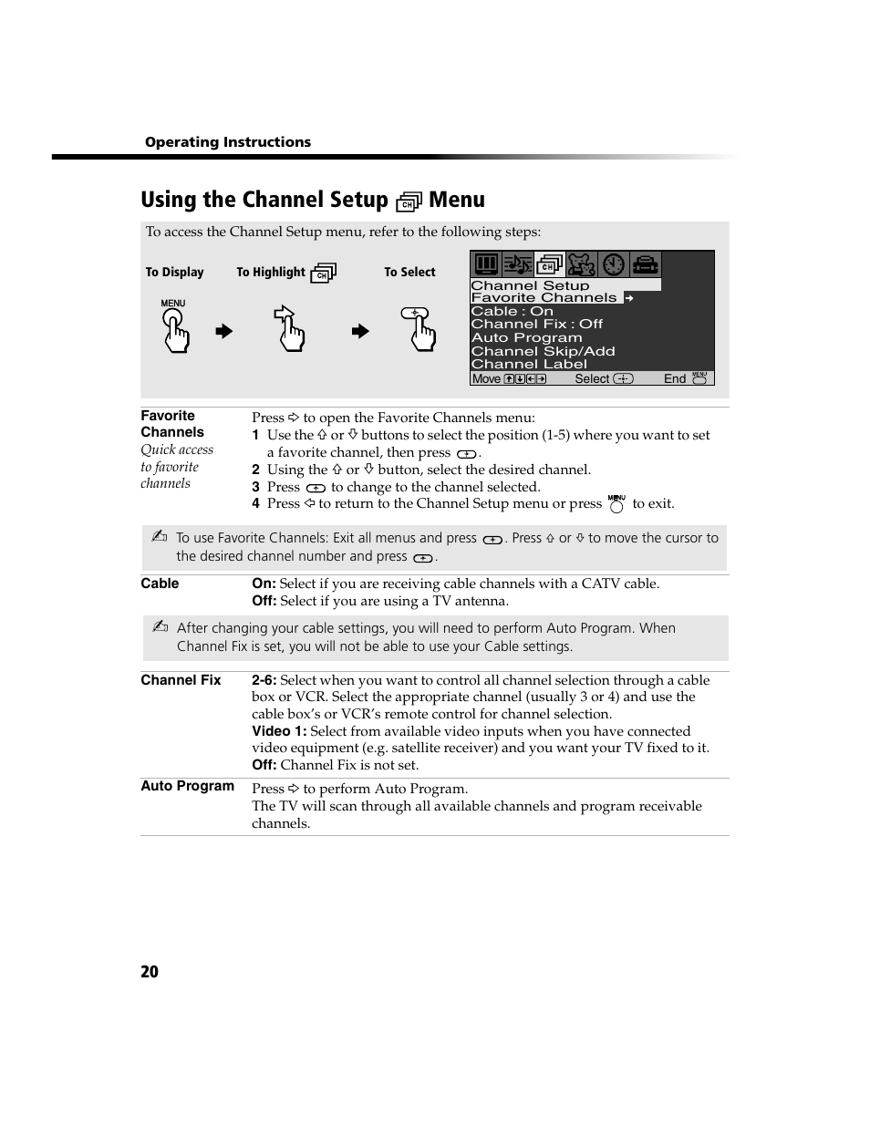 Using the channel setup menu | Sony WEGA KV-13FS100 User Manual | Page 32 / 48