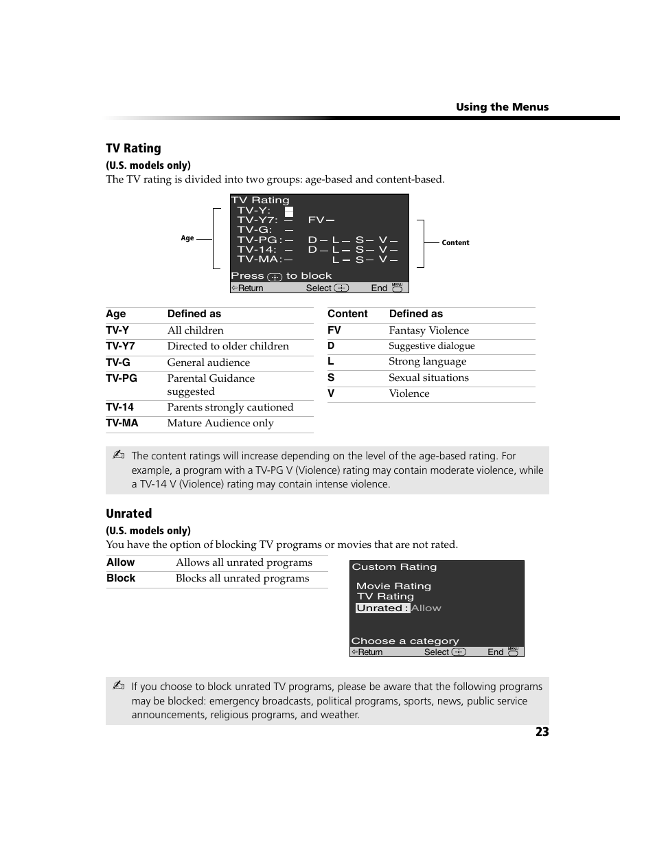 23 tv rating, Unrated | Sony WEGA KV-13FS100 User Manual | Page 35 / 48