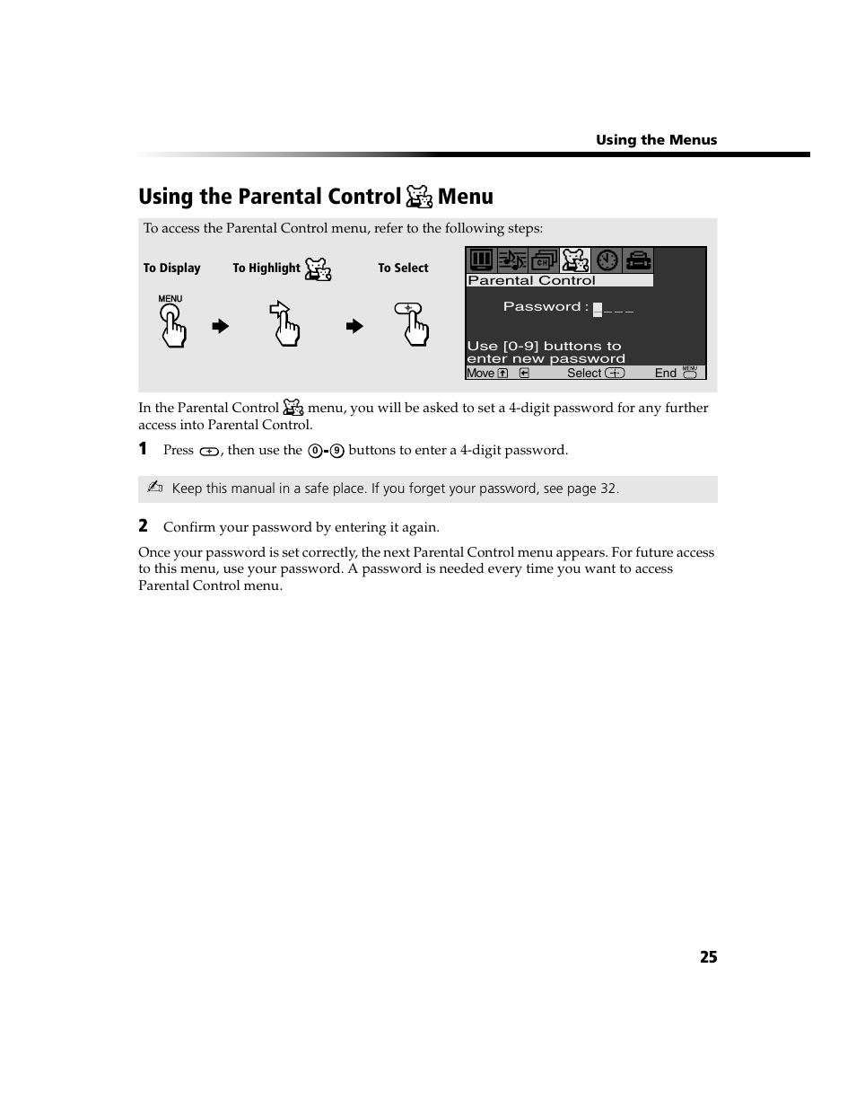 Using the parental control, Menu | Sony WEGA KV-13FS100 User Manual | Page 37 / 48