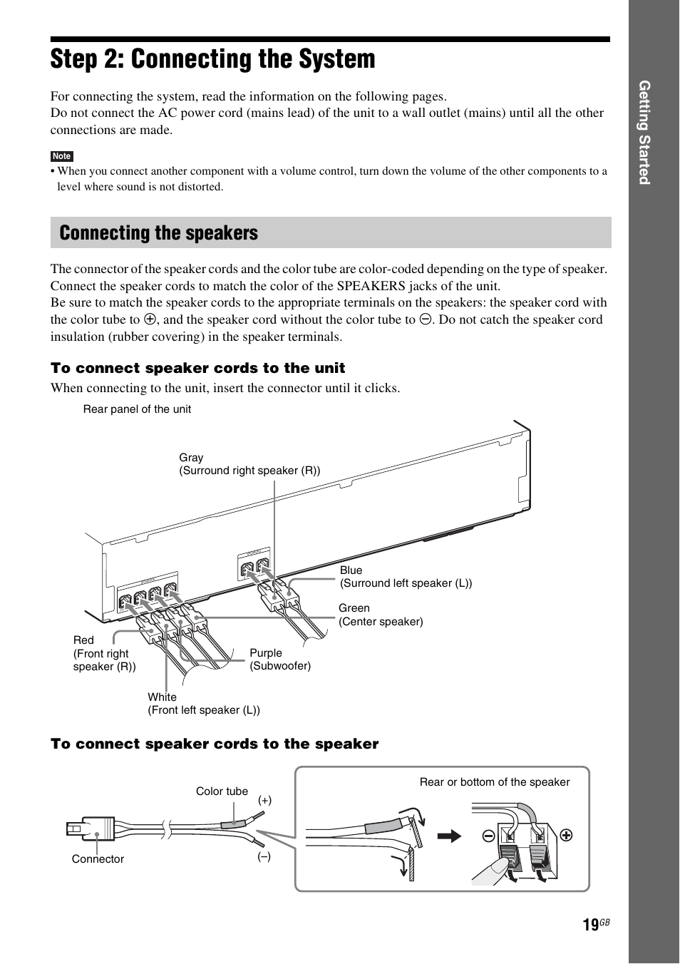 Step 2: connecting the system, Connecting the speakers, E 19) | Ge tting star te d | Sony 4-178-247-13(2) User Manual | Page 19 / 80