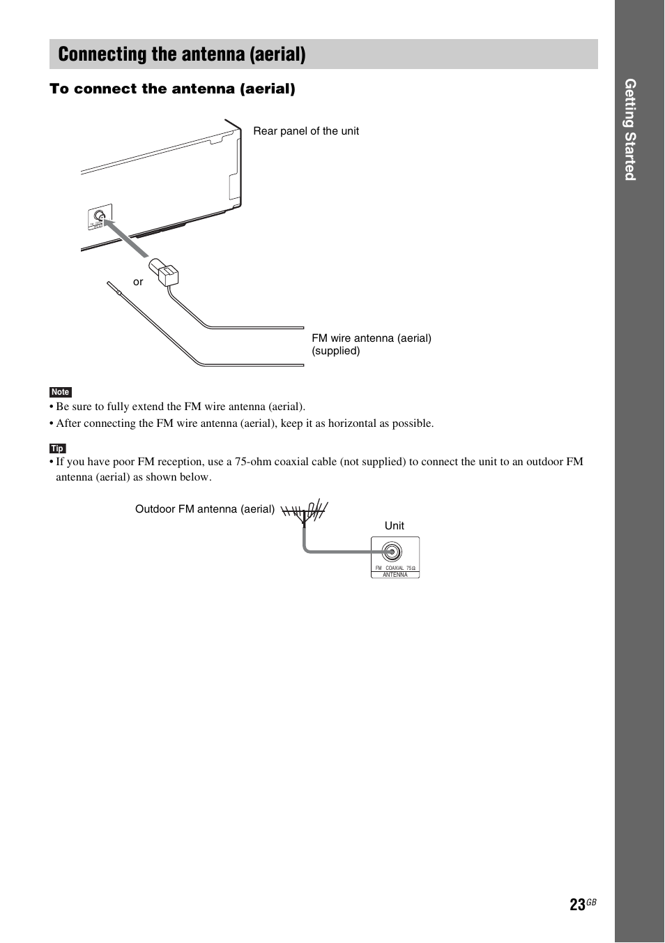 Connecting the antenna (aerial), E 23), Ge tting star te d to connect the antenna (aerial) | Sony 4-178-247-13(2) User Manual | Page 23 / 80