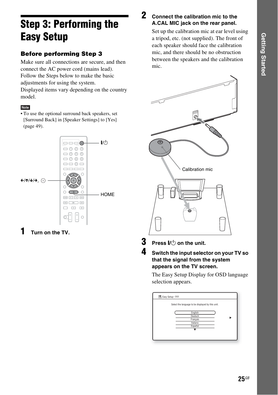 Step 3: performing the easy setup, Step 3: performing the easy, Setup | Es 25, Ge tting star te d, Before performing step 3 | Sony 4-178-247-13(2) User Manual | Page 25 / 80