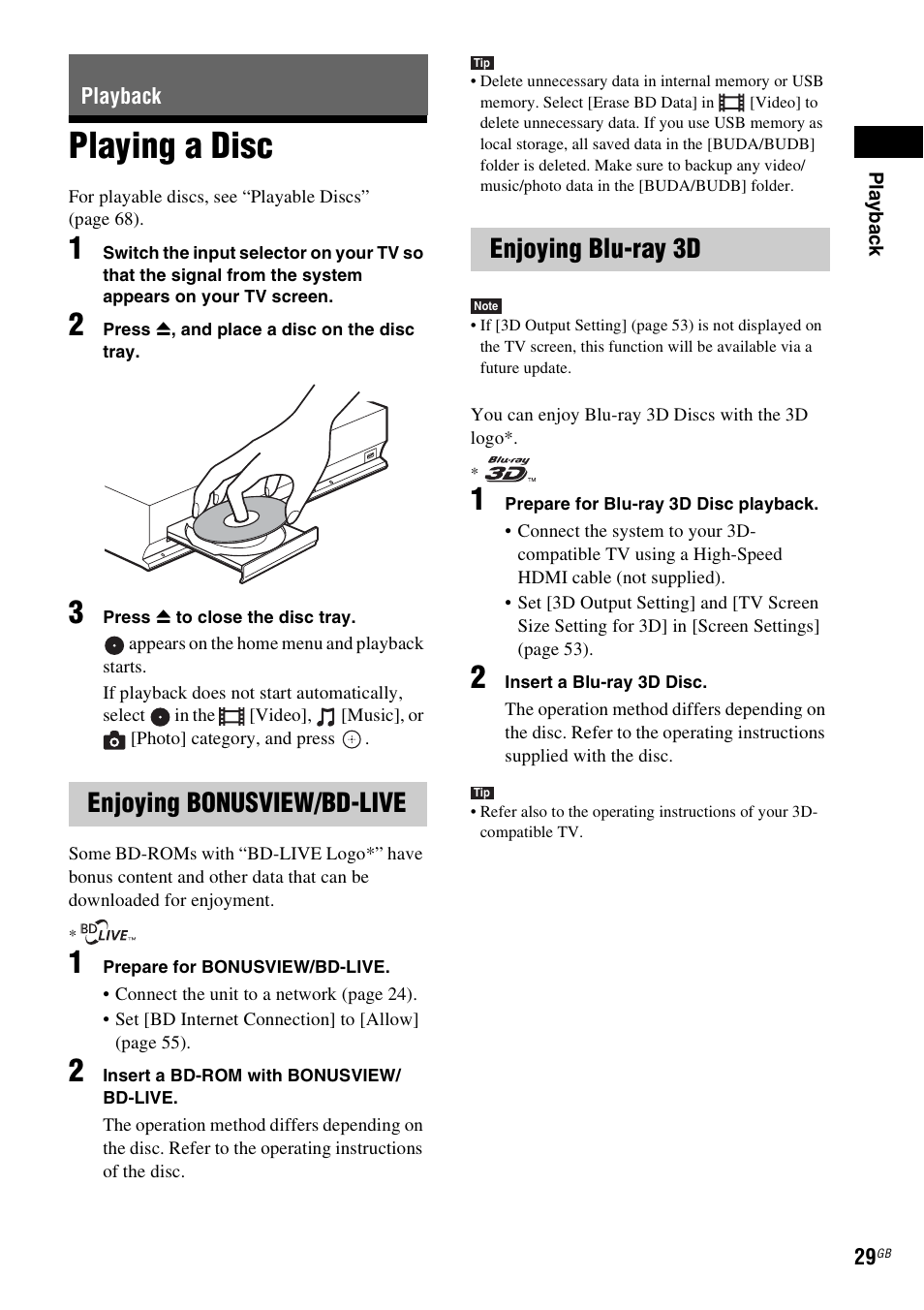 Playback, Playing a disc, Enjoying bonusview/bd-live | Enjoying blu-ray 3d, Es 29, Enjoying bonusview/bd-live enjoying blu-ray 3d | Sony 4-178-247-13(2) User Manual | Page 29 / 80