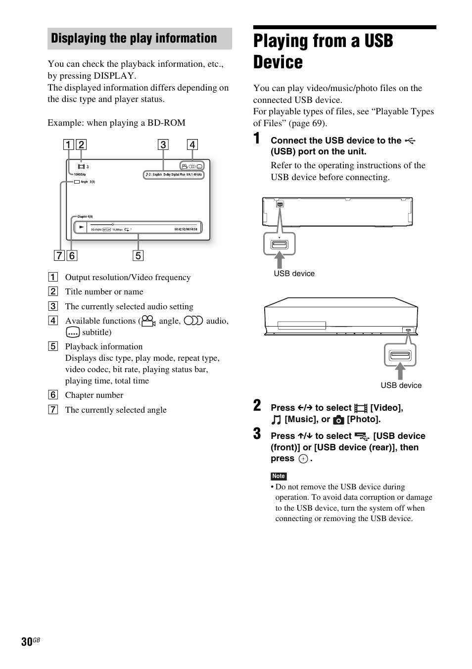 Displaying the play information, Playing from a usb device, E 30) | Sony 4-178-247-13(2) User Manual | Page 30 / 80