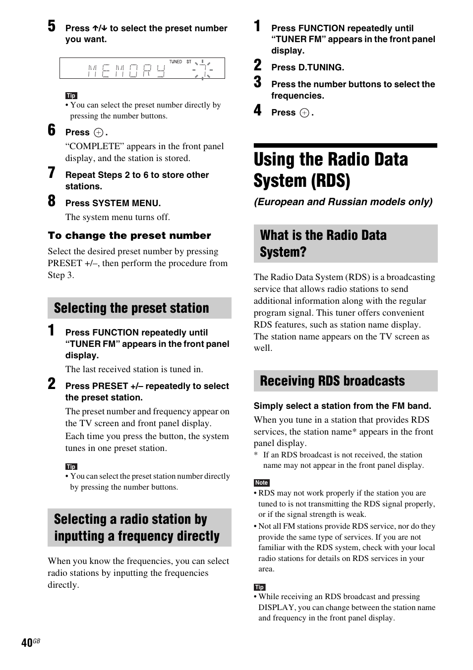 Selecting the preset station, Using the radio data system (rds), What is the radio data system | Receiving rds broadcasts, Using the radio data system, Rds), Es 40 | Sony 4-178-247-13(2) User Manual | Page 40 / 80
