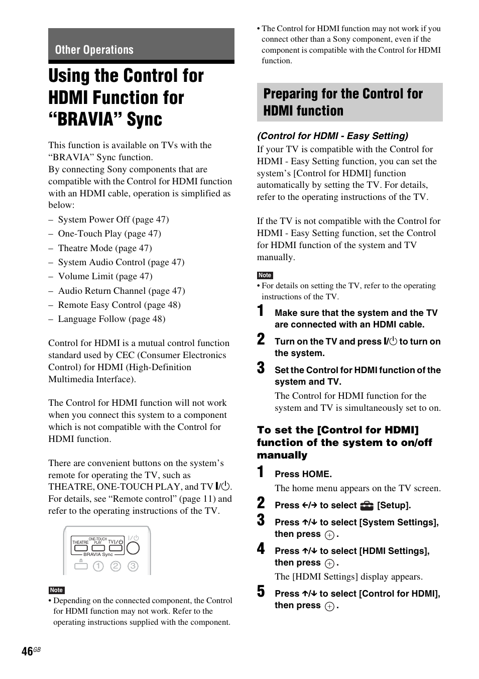 Other operations, Preparing for the control for hdmi function, Using the control for hdmi function for | Bravia” sync | Sony 4-178-247-13(2) User Manual | Page 46 / 80