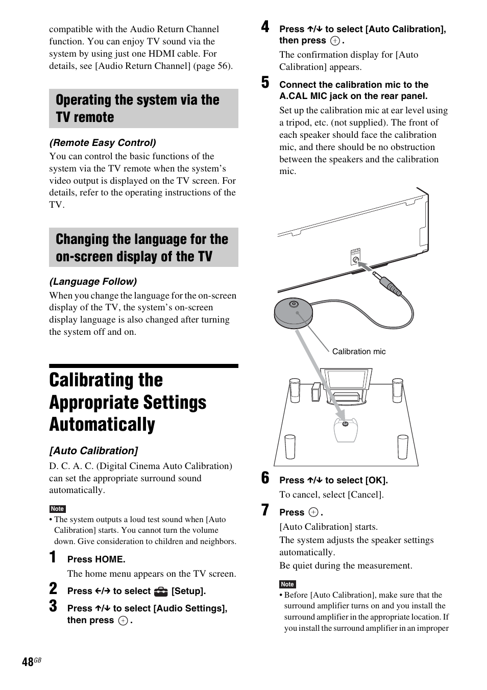 Operating the system via the tv remote, Calibrating the appropriate settings automatically, Calibrating the appropriate settings | Automatically | Sony 4-178-247-13(2) User Manual | Page 48 / 80