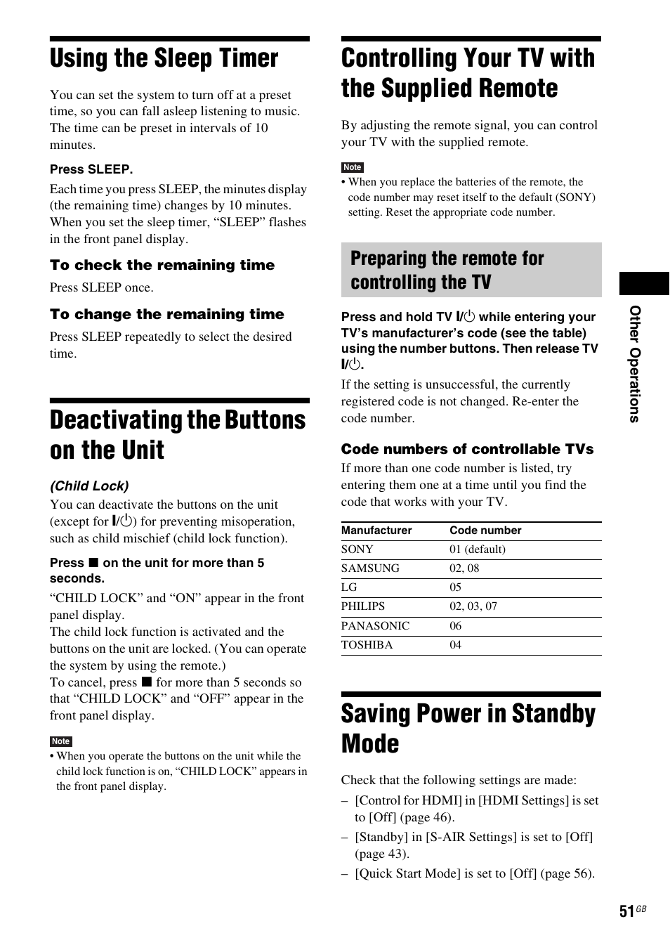 Using the sleep timer, Deactivating the buttons on the unit, Controlling your tv with the supplied remote | Preparing the remote for controlling the tv, Saving power in standby mode, Using the sleep timer deactivating the buttons on, The unit, Controlling your tv with the supplied, Remote, E 51 | Sony 4-178-247-13(2) User Manual | Page 51 / 80