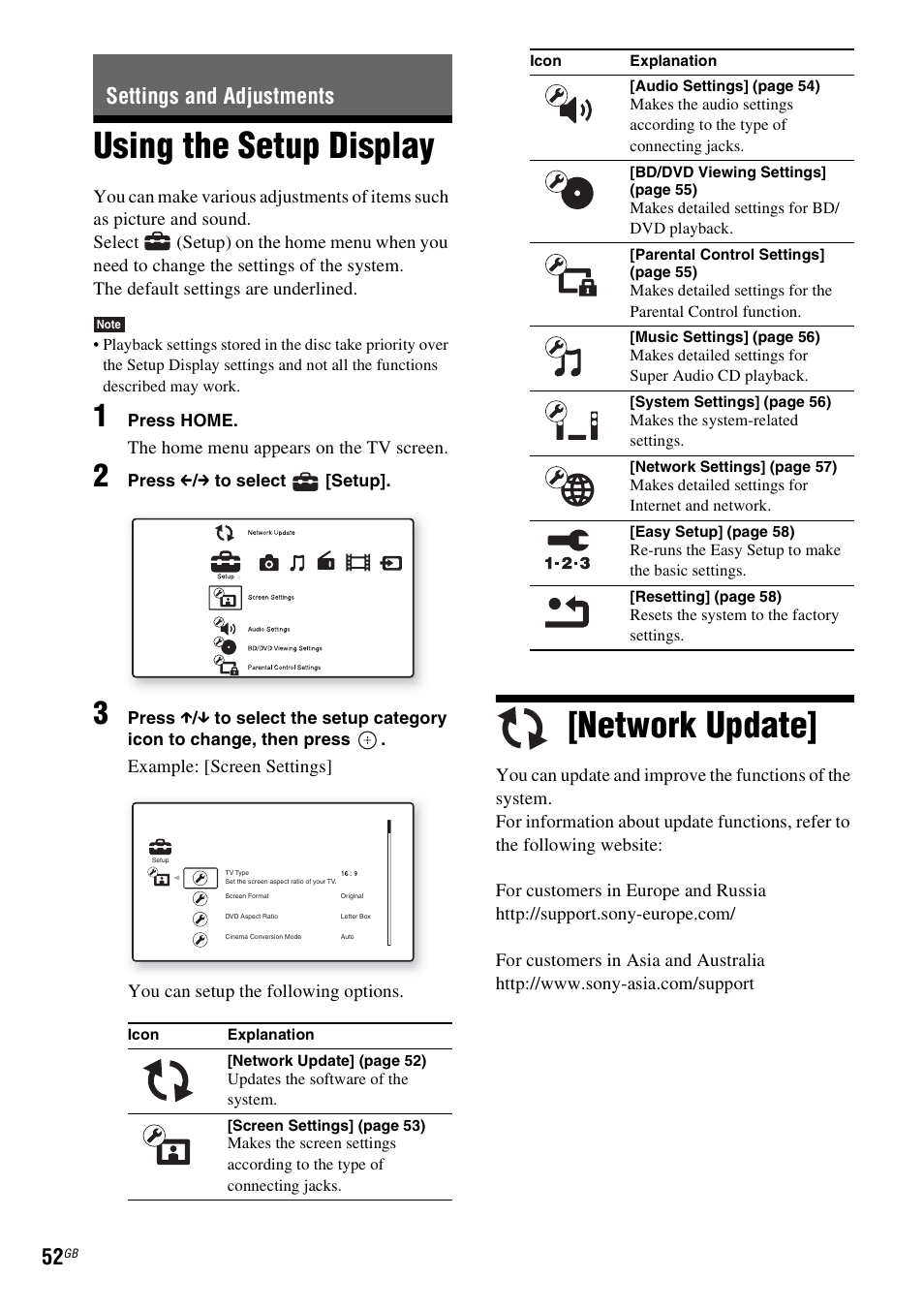 Settings and adjustments, Using the setup display, Network update | Using the setup display [network update | Sony 4-178-247-13(2) User Manual | Page 52 / 80