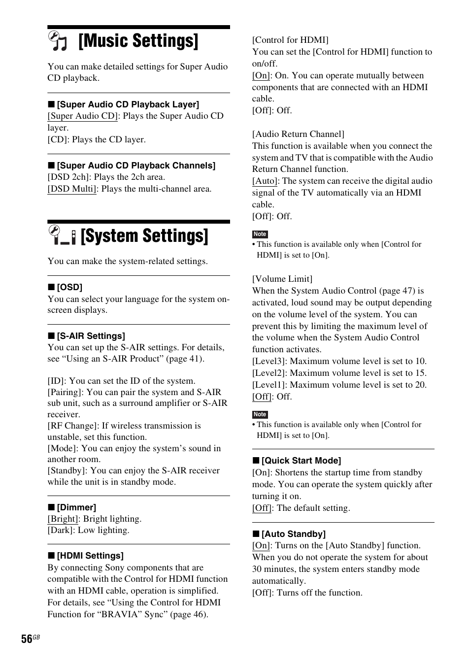 Music settings, System settings, Music settings] [system settings | Sony 4-178-247-13(2) User Manual | Page 56 / 80