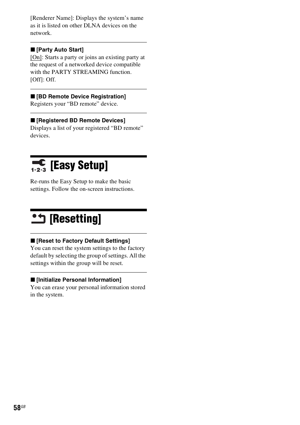 Easy setup, Resetting, Easy setup] [resetting | Sony 4-178-247-13(2) User Manual | Page 58 / 80