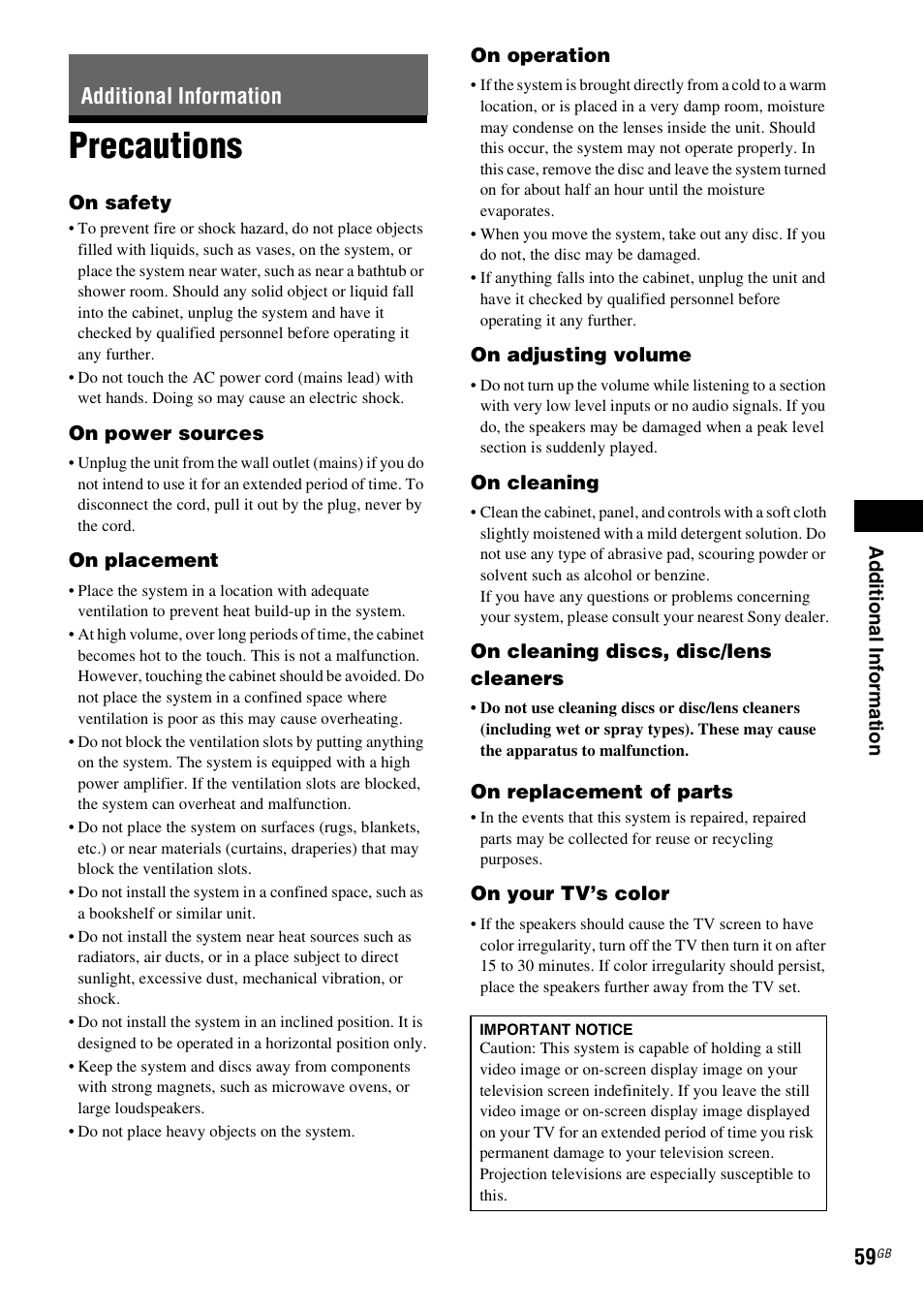 Additional information, Precautions | Sony 4-178-247-13(2) User Manual | Page 59 / 80