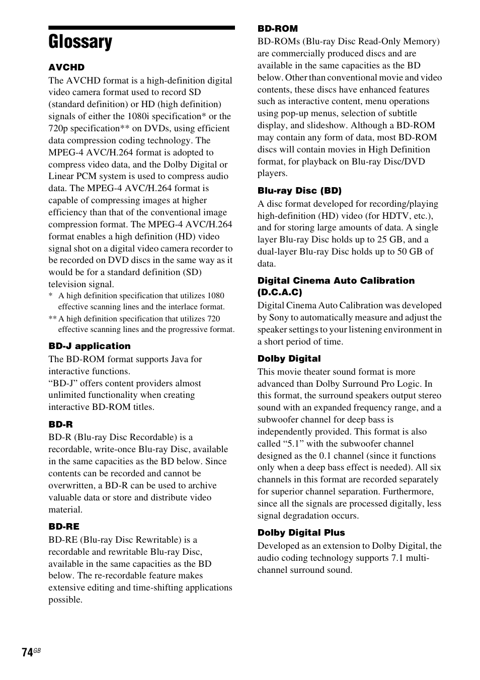 Glossary | Sony 4-178-247-13(2) User Manual | Page 74 / 80