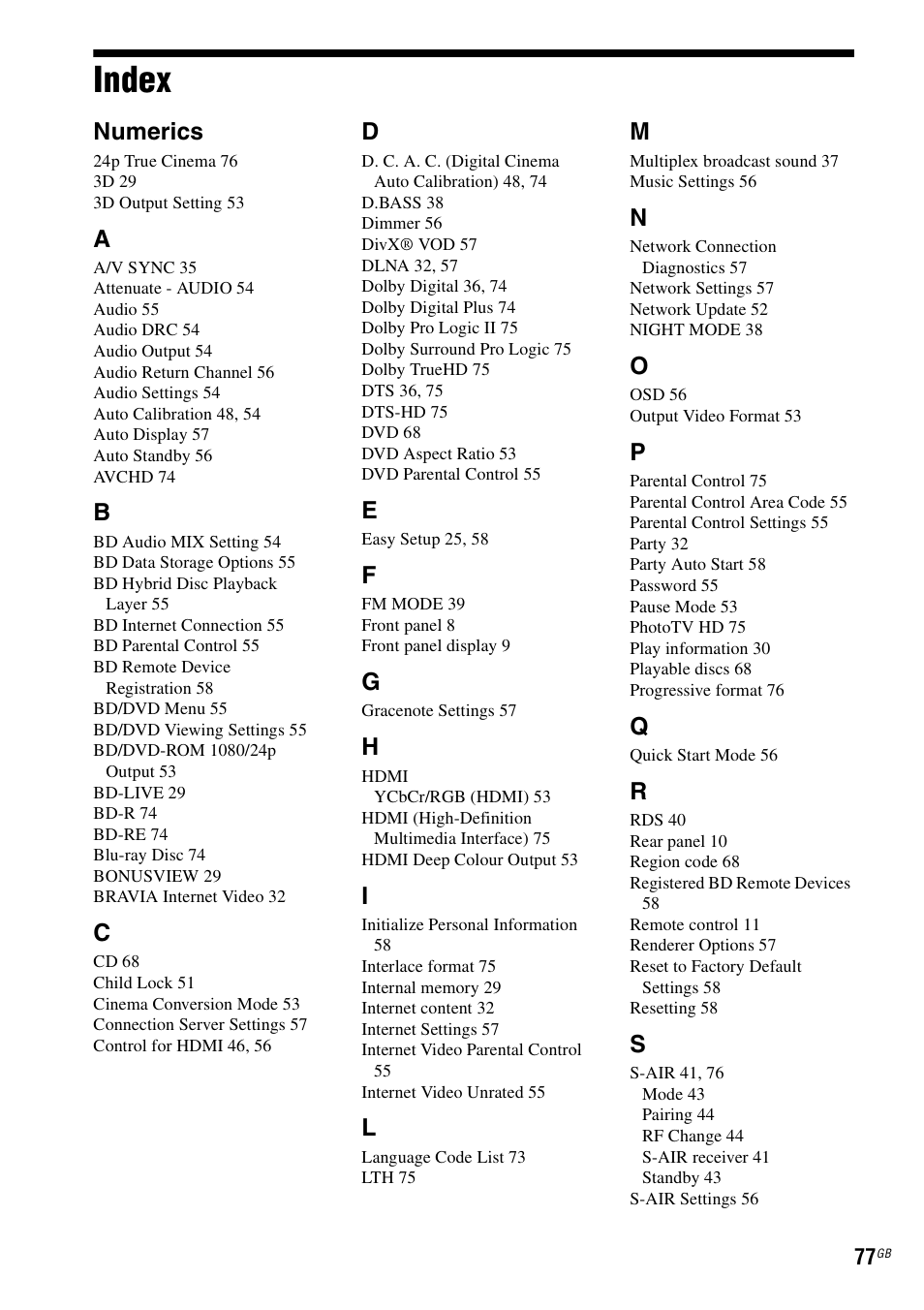 Index, Numerics | Sony 4-178-247-13(2) User Manual | Page 77 / 80